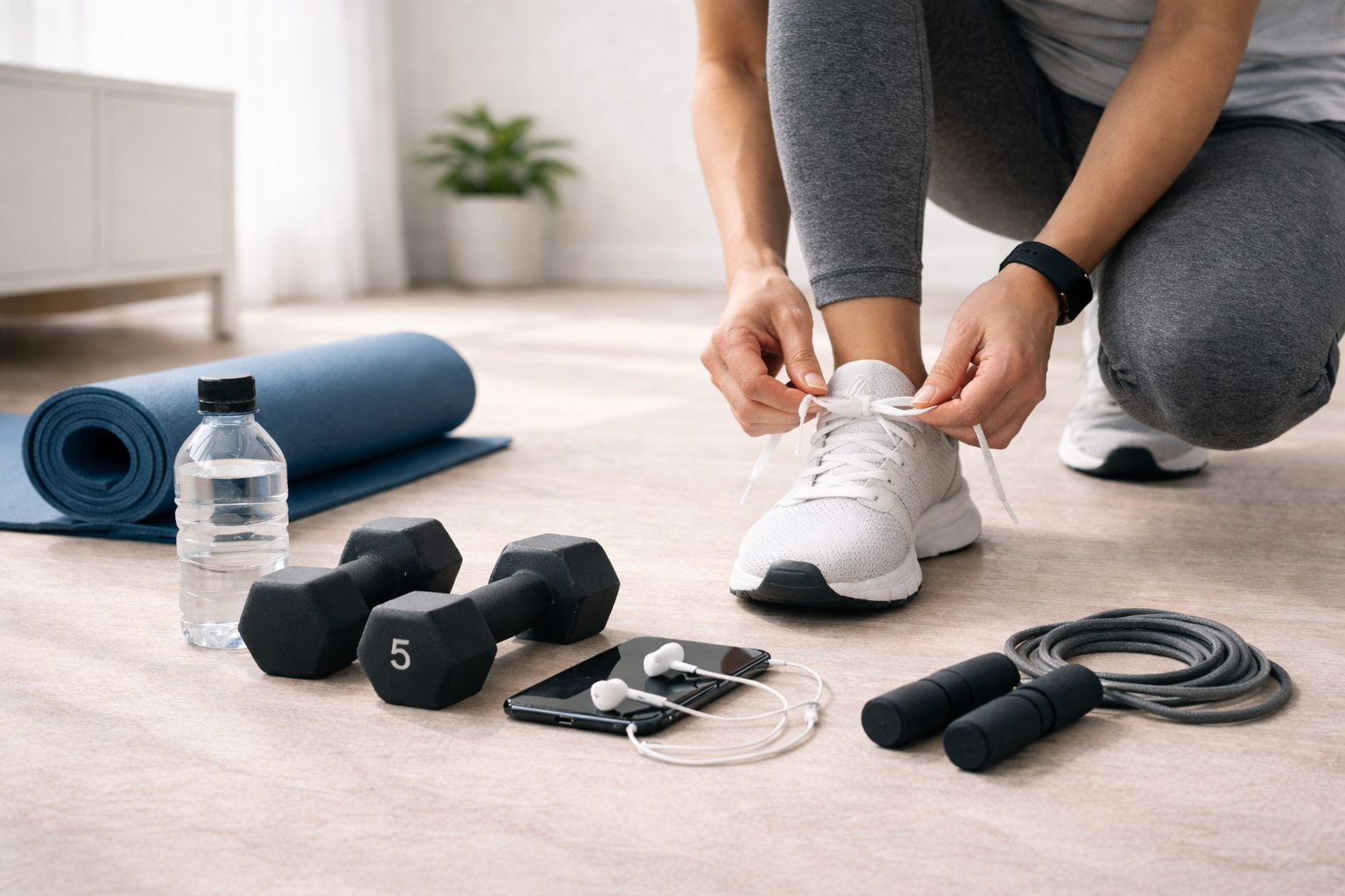 Home workout setup for weight maintenance with person tying trainers beside dumbbells, yoga mat, and fitness equipment
