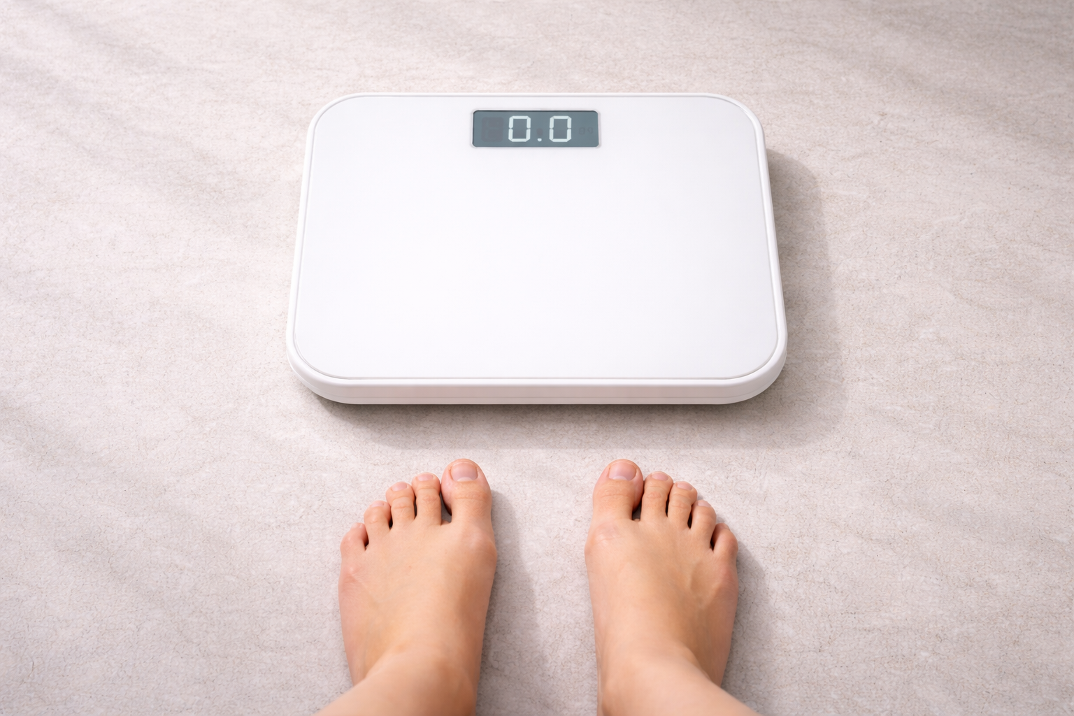 Digital bathroom scale and feet preparing to weigh in for tracking body weight and progress