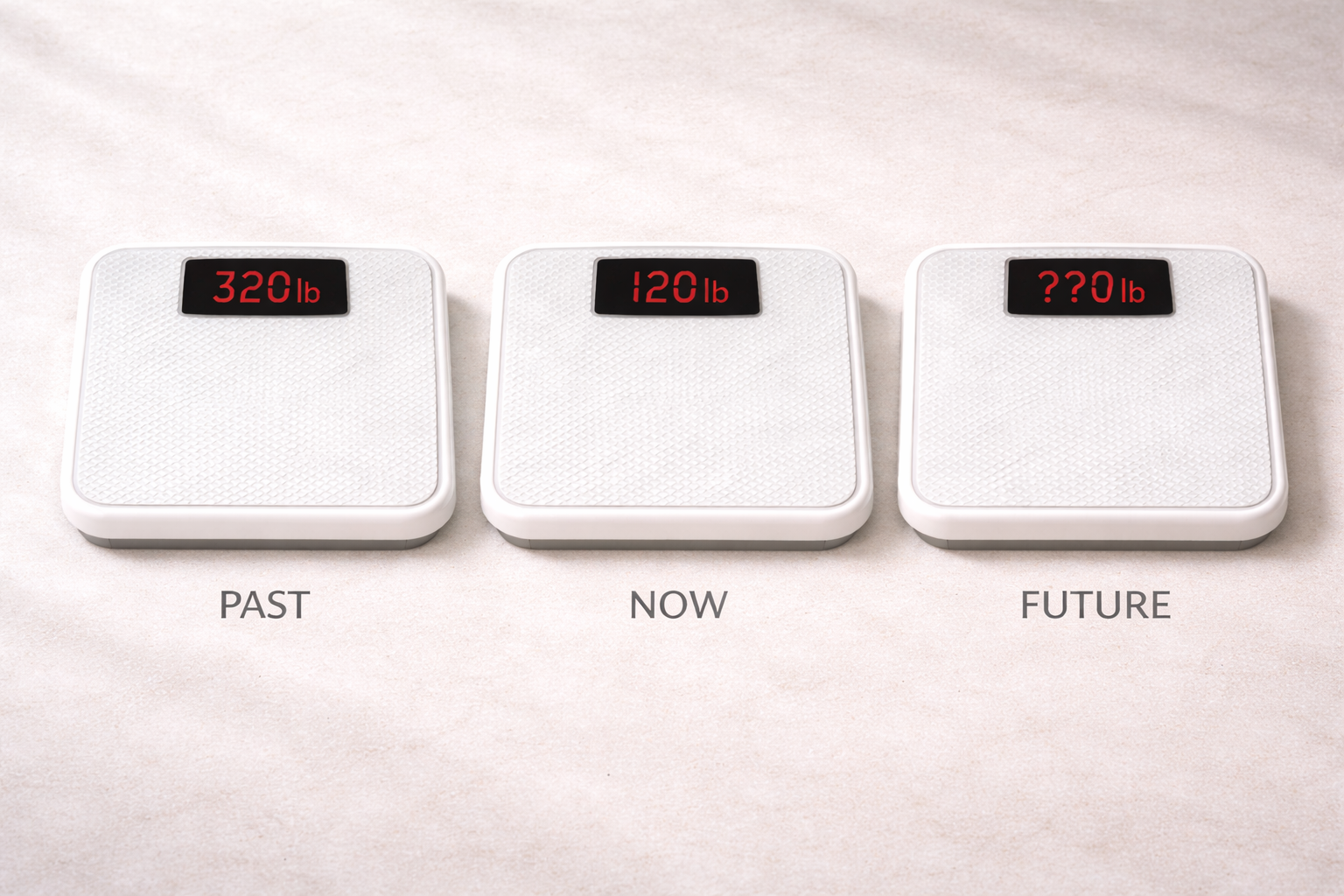 Weight loss journey showing past, current, and future body weight on three digital scales