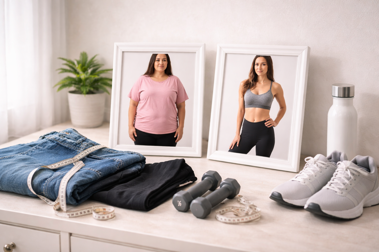 Body transformation and identity shift after weight loss with before and after photos and fitness items