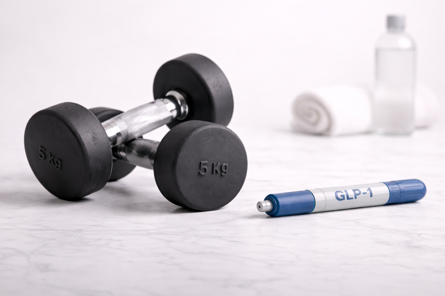 Strength training for weight maintenance with dumbbells, GLP-1 pen, and home fitness setup