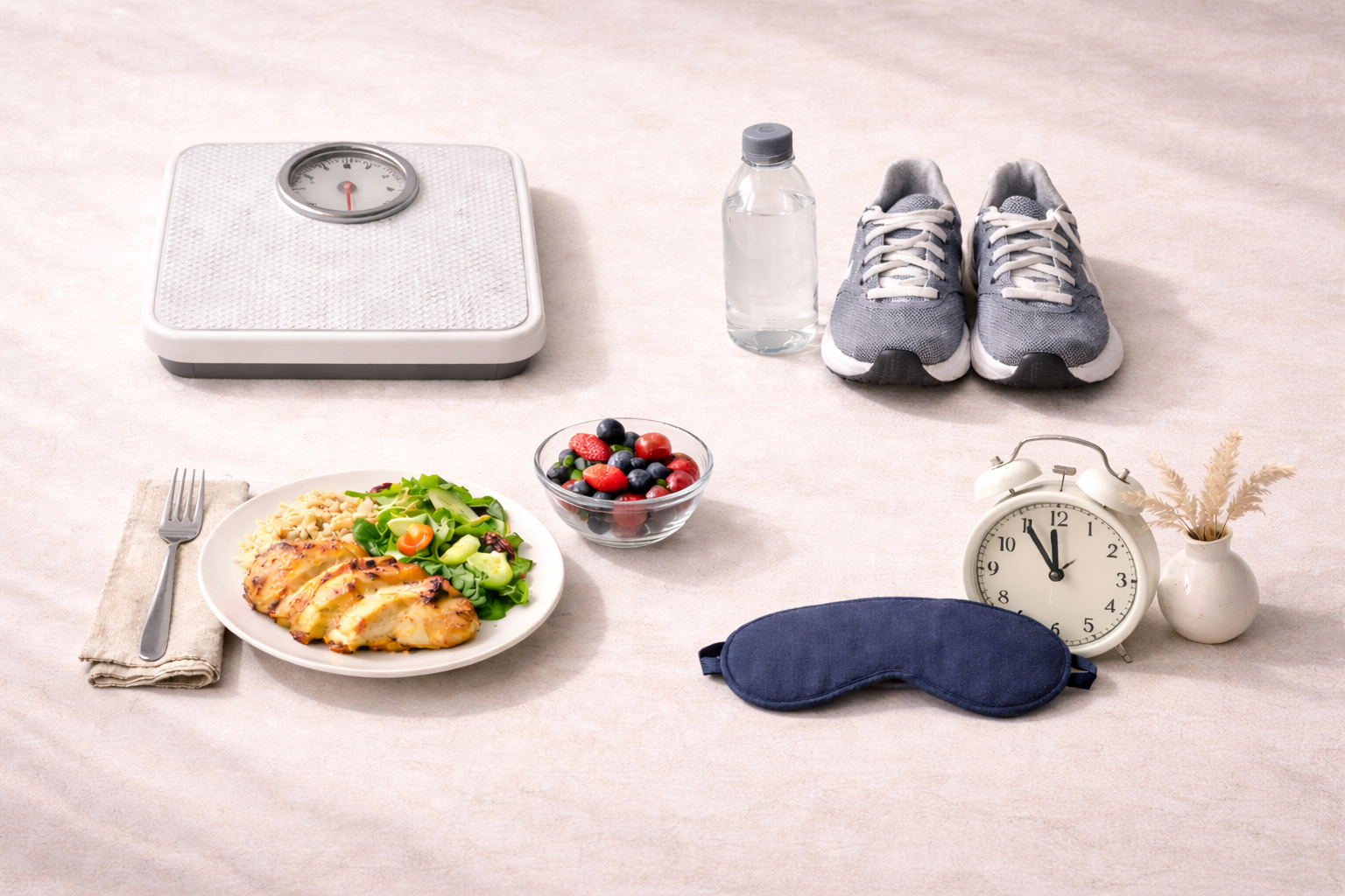 Healthy lifestyle for weight maintenance including balanced meal, exercise shoes, hydration, sleep, and weighing scale