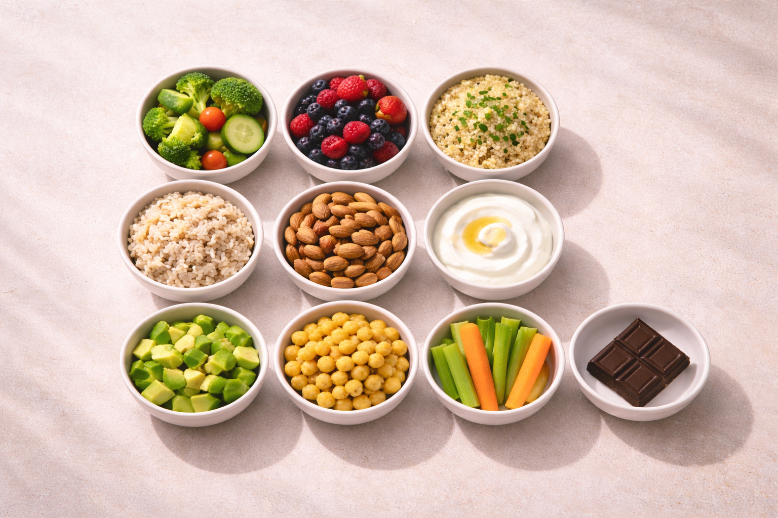 Bowls of whole foods representing flexible food structure