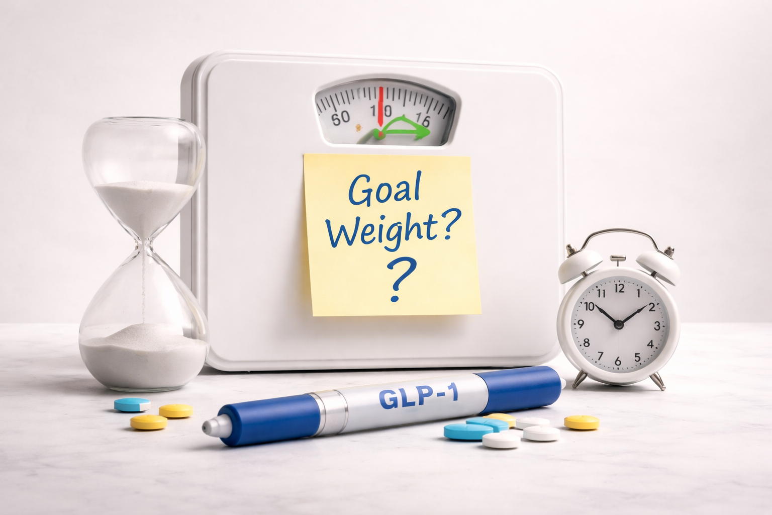 Goal weight planning concept with bathroom scale, GLP-1 pen, pills, and note highlighting weight loss targets