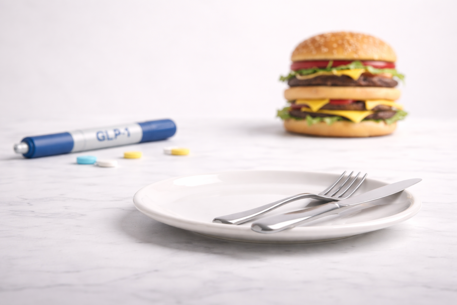Hunger and cravings concept with empty plate in foreground and burger in background after stopping GLP-1 medication