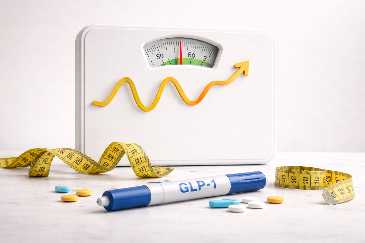 Weight fluctuation concept with scale, measuring tape, and upward trend showing normal changes in body weight