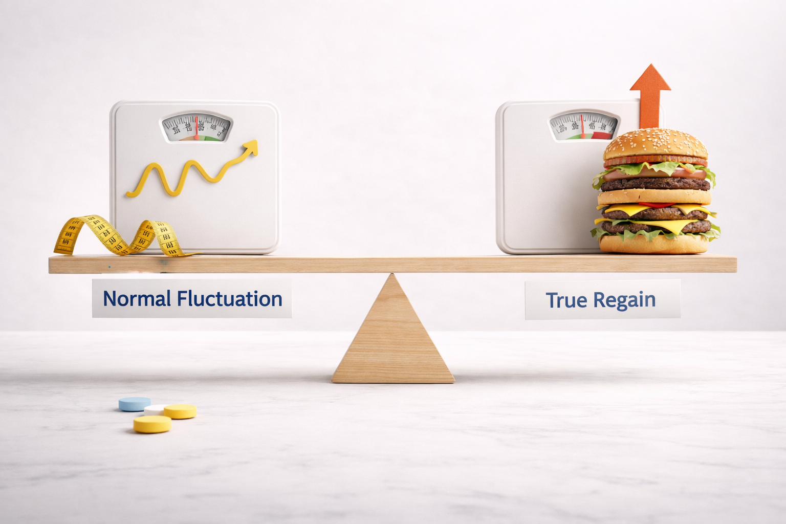 Normal weight fluctuation versus weight regain illustrated with balance scale and unhealthy food comparison